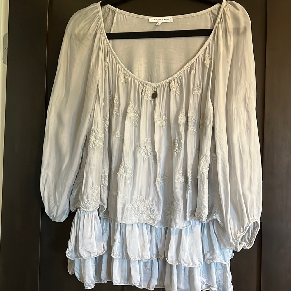 Ladies gray large sheer-sleeved, ruffled, floral embroidered fancy blouse